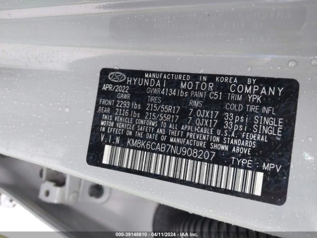 KM8K6CAB7NU908207 Hyundai Kona Sel