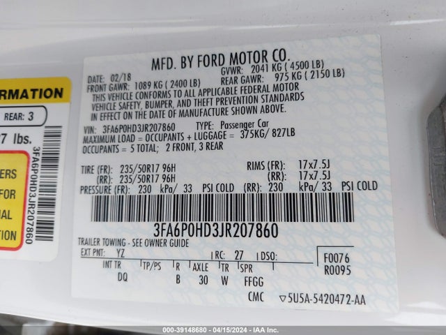 Ford FUSION SE 2018 3FA6P0HD3JR207860 Image 9