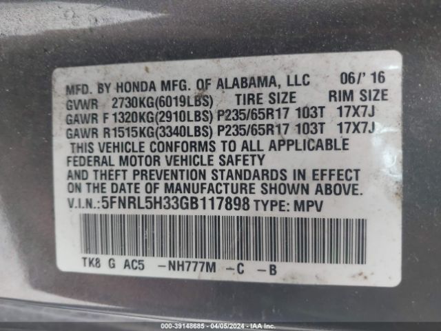 5FNRL5H33GB117898 Honda ODYSSEY SE