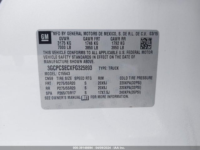 Chevrolet Silverado 1500 2lz 2015 3GCPCSECXFG325893 Image 9