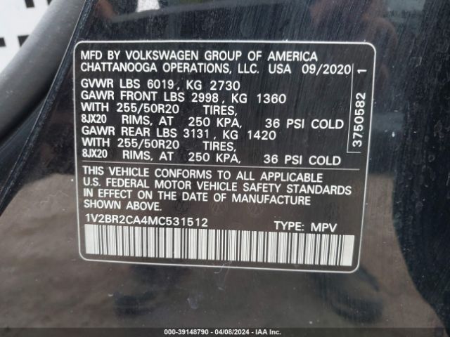 1V2BR2CA4MC531512 Volkswagen Atlas 3.6l V6 Sel