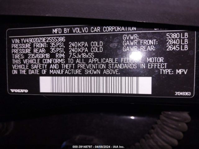YV4902DZ9E2555386 Volvo Xc60 T6/t6 Platinum/t6 Premier Plus/t6 R-design/t6 R-design Platinum/t6 R-design Premier Plus