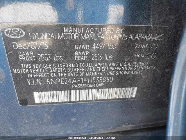 Hyundai Sonata 2017 5NPE24AF1HH535850 Image 9