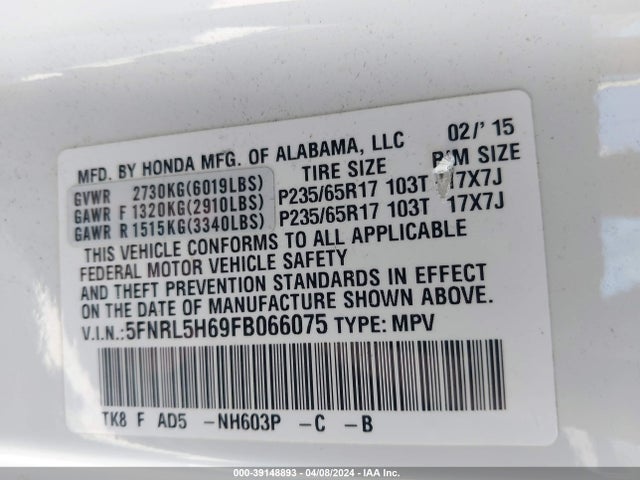 Honda Odyssey Ex-l 2015 5FNRL5H69FB066075 Image 9