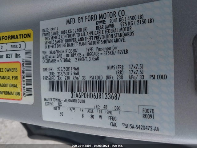 Ford FUSION SE 2018 3FA6P0HD6JR133687 Image 9