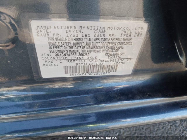 Nissan Versa 1.6 S+ 2015 3N1CN7AP8FL806282 Image 9
