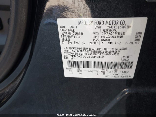 Ford EDGE SEL 2014 2FMDK3JC9EBB13422 Image 9