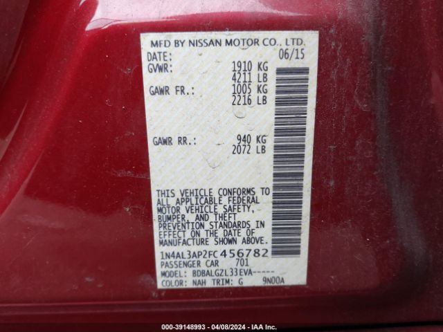 1N4AL3AP2FC456782 Nissan Altima 2.5/2.5 S/2.5 Sl/2.5 Sv