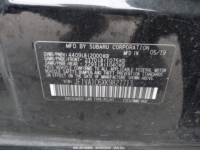 Subaru Wrx Premium 2019 JF1VA1C6XK9827713 Image 9