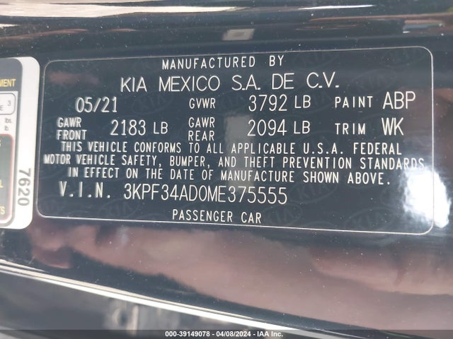 39149078 :رقم المزاد ، 3KPF34AD0ME375555 vin ، 2021 Kia Forte Gt-line مزاد بيع