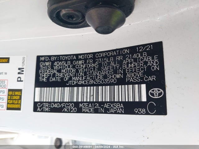 Toyota COROLLA SE 2022 JTDP4MCE8N3503590 Image 9