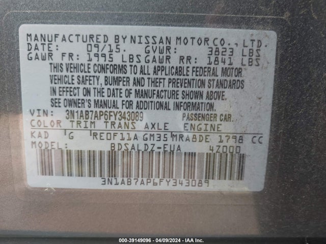 Nissan SENTRA SV 2015 3N1AB7AP6FY343089 Image 9