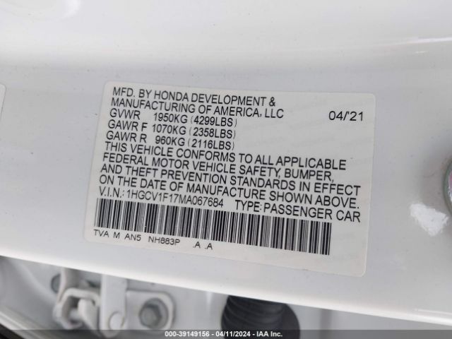 1HGCV1F17MA067684 Honda ACCORD LX