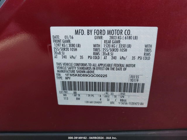 Ford EXPLORER XLT 2016 1FM5K8D89GGC00225 Image 9