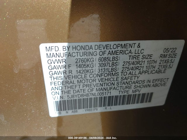 Acura Mdx Type S W/advance Package 2022 5J8YD8H87NL005171 Image 9