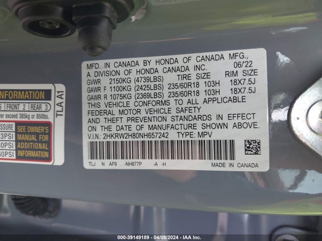 Honda Cr-v Awd Ex-l 2022 2HKRW2H80NH657242 Image 9