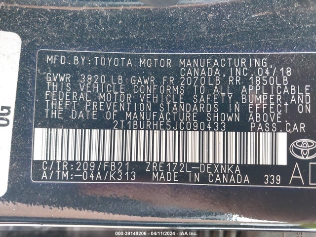 Toyota COROLLA LE 2018 2T1BURHE5JC090433 Image 9
