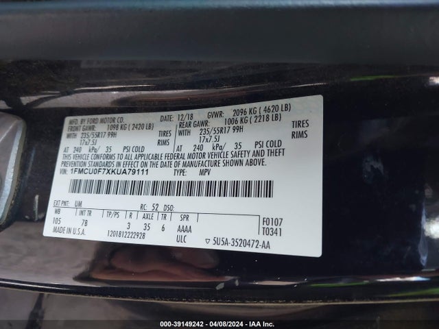 Ford ESCAPE S 2019 1FMCU0F7XKUA79111 Image 9