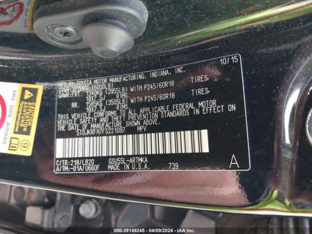 5TDJKRFH7FS221097 Toyota Highlander Xle V6