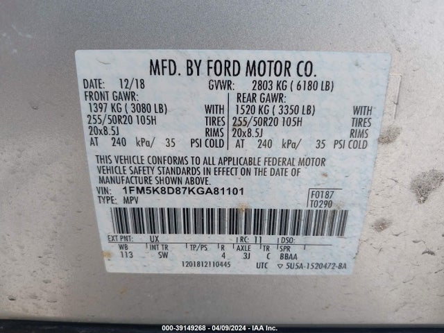 Ford EXPLORER XLT 2019 1FM5K8D87KGA81101 Image 9