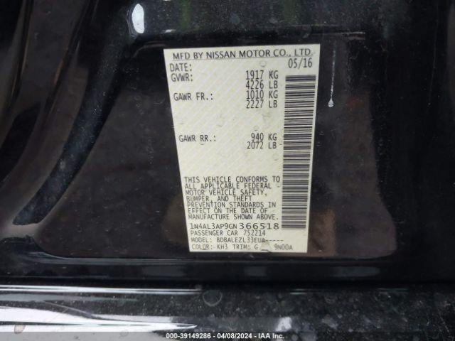 1N4AL3AP9GN366518 Nissan Altima 2.5/2.5 S/2.5 Sl/2.5 Sr/2.5 Sv
