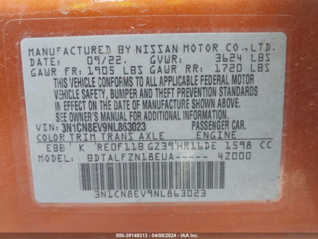 3N1CN8EV9NL863023 Nissan Versa 1.6 Sv Xtronic Cvt