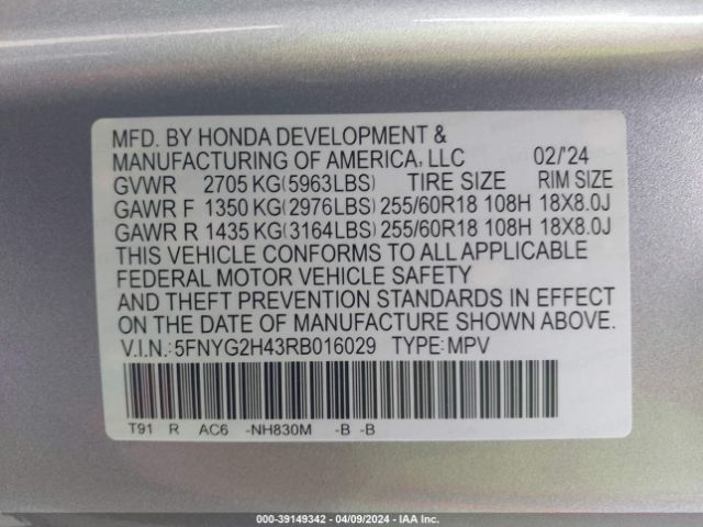 5FNYG2H43RB016029 Honda Pilot 2wd Ex-l