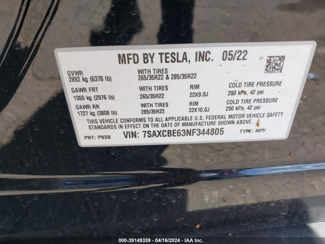 7SAXCBE63NF344805 Tesla Model X Plaid Tri Motor All-wheel Drive