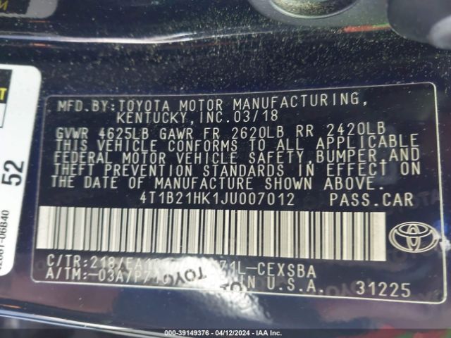 4T1B21HK1JU007012 Toyota Camry Hybrid Se