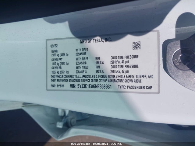 Tesla Model 3 Rear-wheel Drive 2022 5YJ3E1EA6NF358931 Image 9