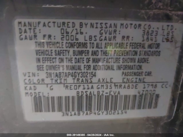3N1AB7AP4GY302154 Nissan 2016