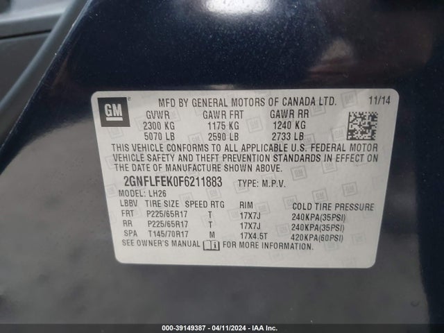 Chevrolet EQUINOX 1LT 2015 2GNFLFEK0F6211883 Image 9