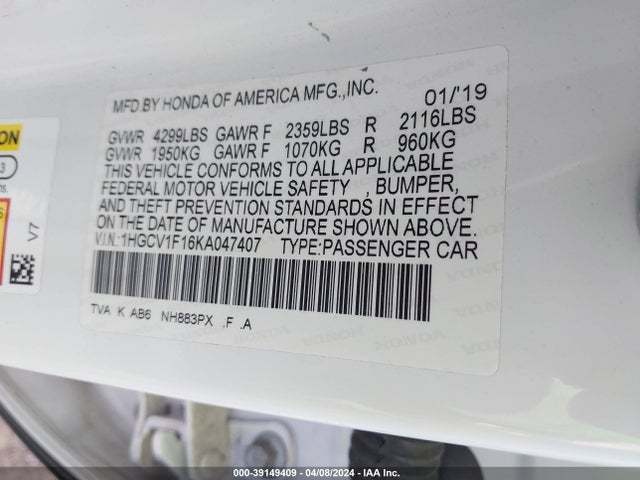 Honda ACCORD LX 2019 1HGCV1F16KA047407 Image 9