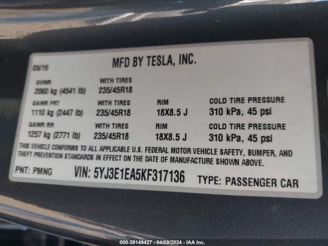 Tesla Model 3 Long Range/mid Range/standard Range/standard Range Plus 2019 5YJ3E1EA5KF317136 Image 9
