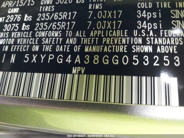 KIA Sorento 2.4l Lx 2016 5XYPG4A38GG053253 Image 9