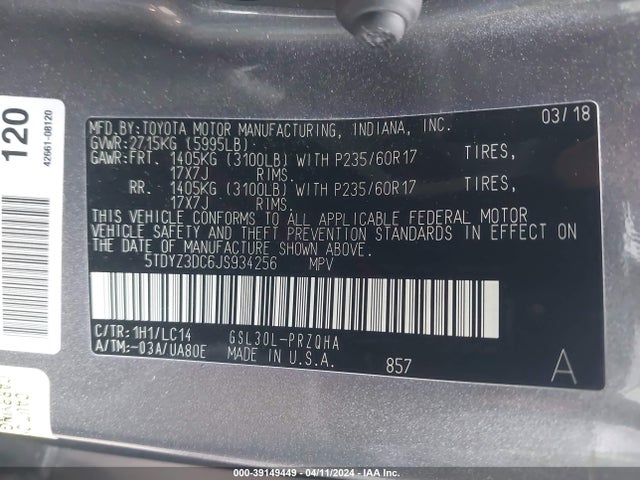 Toyota Sienna Xle 8 Passenger 2018 5TDYZ3DC6JS934256 Image 9