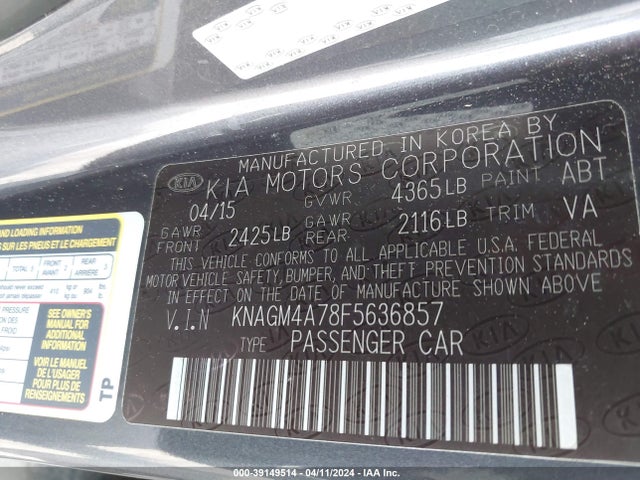 KIA Optima Lx 2015 KNAGM4A78F5636857 Image 9