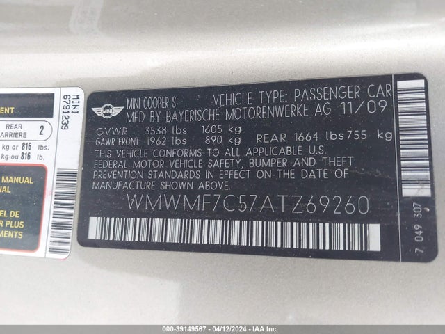 2010 MINI COOPER S WMWMF7C57ATZ69260 Photo 8