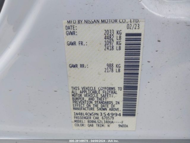 1N4BL4CW5PN354994 Nissan Altima Sr Intelligent Awd