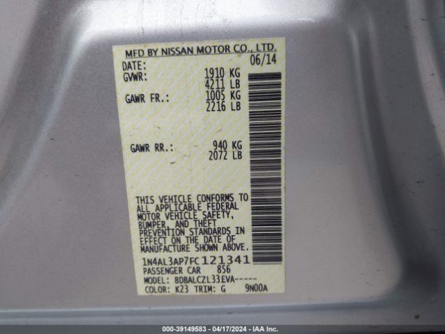1N4AL3AP7FC121341 Nissan Altima 2.5/2.5 S/2.5 Sl/2.5 Sv