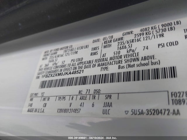 Ford Transit-350 Xlt 2018 1FBZX2XM0JKA48521 Image 9