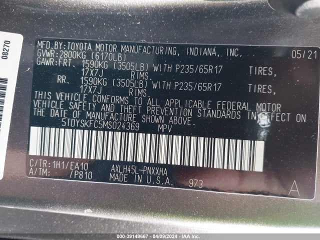 Toyota SIENNA XLE 2021 5TDYSKFC5MS024369 Image 9