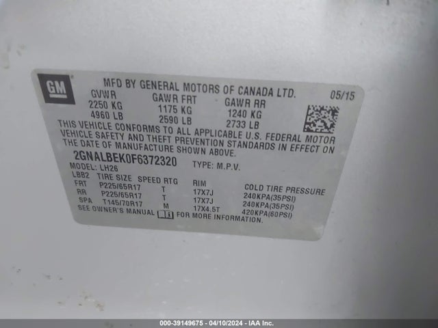 Chevrolet EQUINOX 1LT 2015 2GNALBEK0F6372320 Image 9