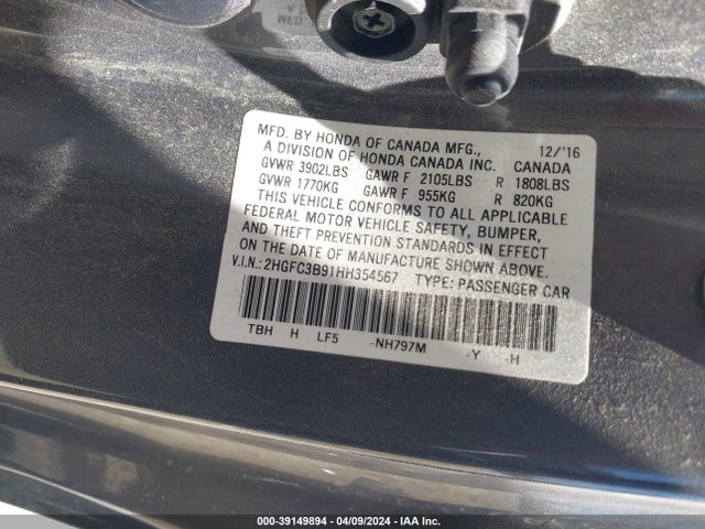 Honda Civic Touring 2017 2HGFC3B91HH354567 Image 9