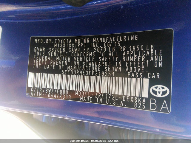 Toyota Corolla S Plus 2015 5YFBURHE3FP349251 Image 9