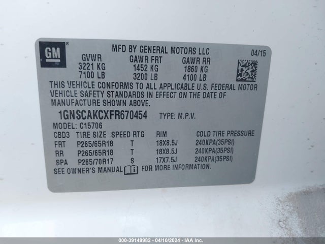 Chevrolet Tahoe Ls 2015 1GNSCAKCXFR670454 Image 9
