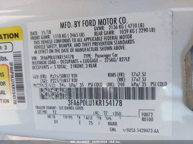 Ford Fusion Hybrid Se 2019 3FA6P0LU1KR154178 Image 9