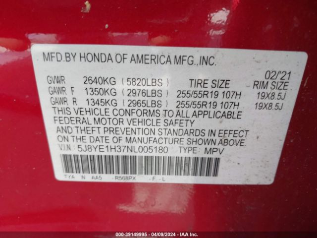 5J8YE1H37NL005180 Acura Mdx Standard