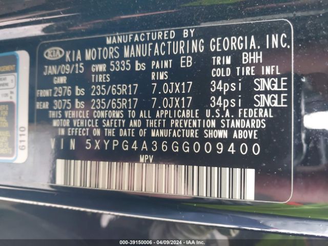 5XYPG4A36GG009400 KIA Sorento 2.4l Lx