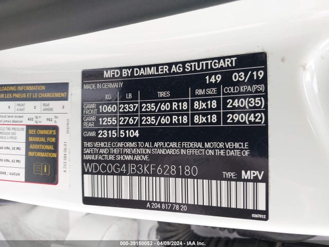 WDC0G4JB3KF628180 Mercedes-Benz GLC 300